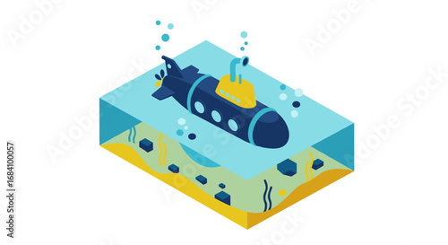 Isometric submarine exploration underwater scene with marine life