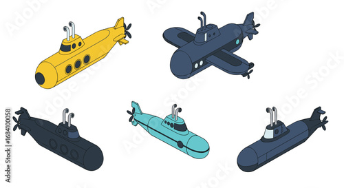 Colorful isometric submarine collection set on white background