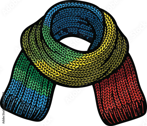 rainbow knitted scarf colorful winter accessory, cozy fashion illustration