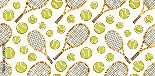 Playful tennis rackets and balls pattern for sports apparel or vibrant decor