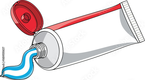 red and white toothpaste tube squeezed, oral hygiene product illustration