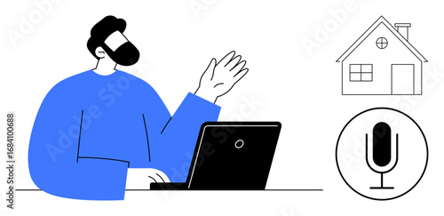 Man gesturing during a video conference at home with laptop and microphone. Ideal for telecommunication, remote work, online meetings, podcasting, home office setups, virtual learning