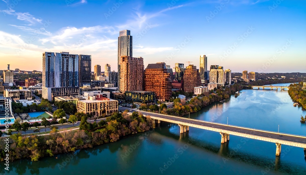 Fototapeta premium Panoramic view of a city skyline by a river at sunrise