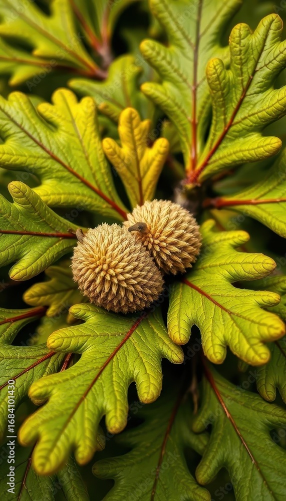 Fototapeta premium Close-up of acorns nestled amongst vibrant green oak leaves, foliage, nut, environment