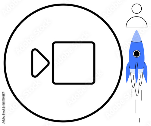 Camera icon in circle, blue rocket launching, user profile icon. Ideal for online meetings, digital progress, innovation, creative teamwork, startups communication tools growth. Simple flat