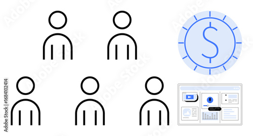 Five minimal human icons, a financial dollar symbol, and a digital dashboard screen. Ideal for teamwork, networking, finance, analytics, collaboration digital business management. Simple flat