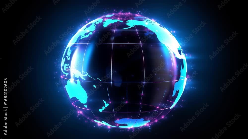 Futuristic video concept of a glowing digital globe with neon lights ...