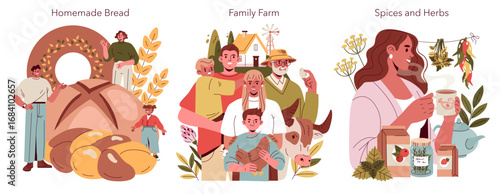 Homemade Bread and Family Farm Scenes Illustration