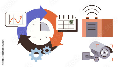 Clock with arrows, calendar, gears, chart, camera, and wireless signal illustrate time tracking, scheduling, automation data analysis security technology and efficiency. Ideal for productivity