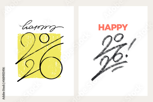 Vector cards with artistic inscription happy 2026 in modern calligraphy style. Lettering cards, holiday templates, banner. New year greeting art.