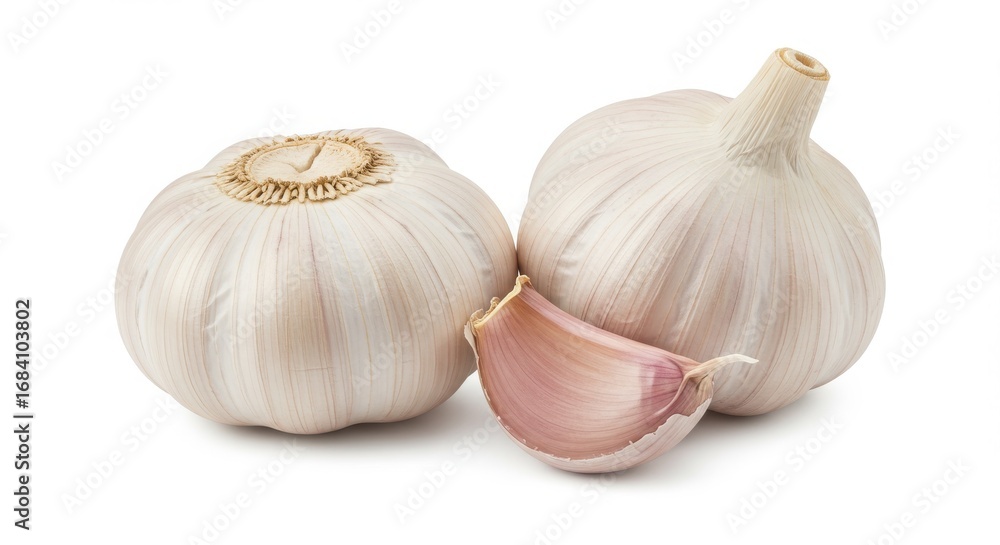 Obraz premium Fresh Garlic Bulbs with a Single Clove Isolated on White Background