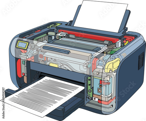 detailed cutaway illustration of modern inkjet printer, showing internal mechanisms and paper output