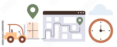 Forklift lifting boxes, route map with location pins, and clock symbolizing delivery, time management, and supply chain operations. Ideal for logistics, transport, efficiency, planning tracking
