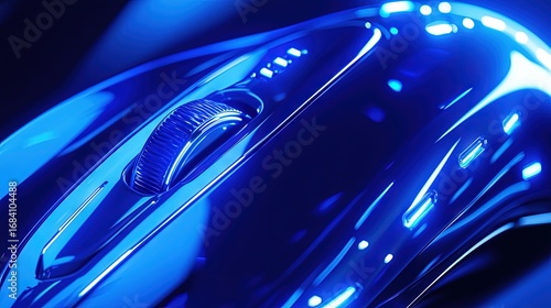 Close-up of a glossy blue computer mouse.