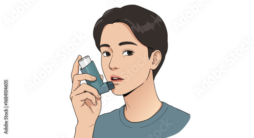 Person with asthma inhaler. Young man using asthma inhaler while standing indoors  