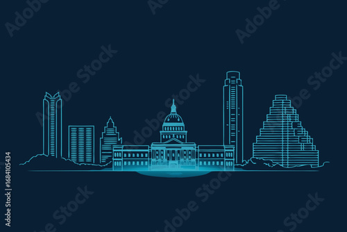 Vibrant Austin skyline vector illustration showcasing the iconic Texas State Capitol and downtown architecture at night, a modern city panorama