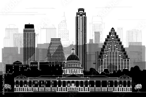 Stunning monochromatic Austin skyline vector illustration, capturing the city's unique architectural blend, from the majestic Capitol to its towering urban structures