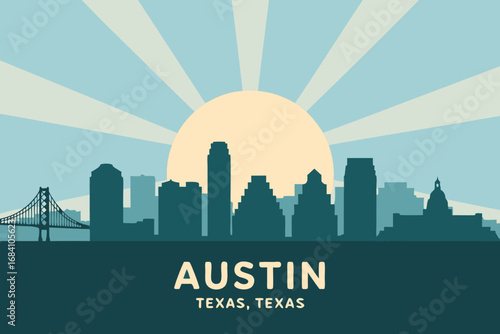 Vibrant vector illustration of the iconic Austin, Texas skyline, capturing the urban architectural beauty at sunrise or sunset with a dynamic backdrop and radiant sun rays