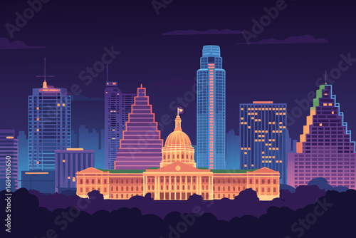 Vibrant Austin city skyline at night, featuring the iconic Capitol building and towering skyscrapers in a detailed vector illustration showcasing urban splendor