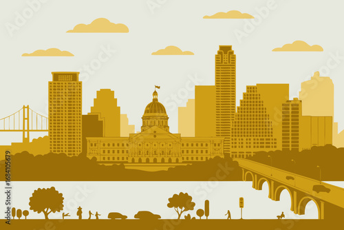 Golden Austin City Skyline Vector Art Illustration with Capitol Building and Riverfront View – Iconic Urban Landscape Graphic