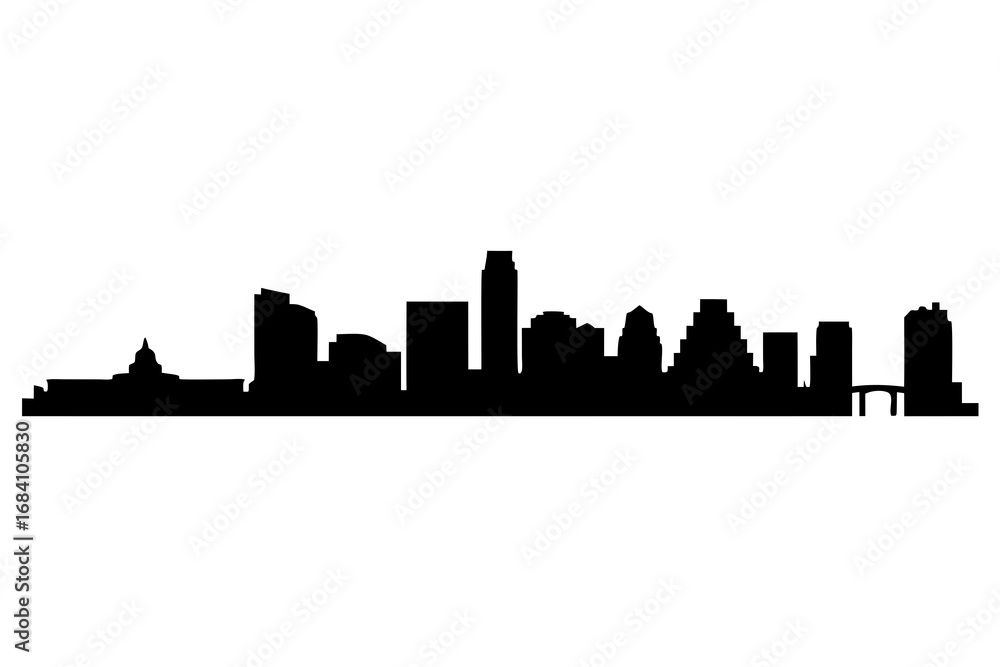 Naklejka premium Austin Texas city skyline vector illustration silhouette. Iconic urban landscape graphic design element perfect for travel or architectural projects
