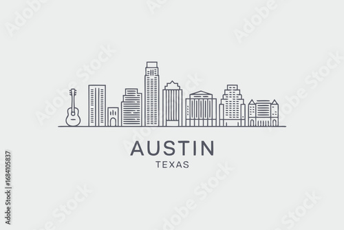 Modern minimalist Austin, Texas vector skyline illustration showcasing iconic urban architecture and the vibrant city's dynamic profile