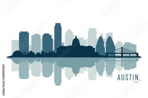Modern Austin skyline vector illustration with downtown cityscape and capitol dome reflected on water, showcasing the Texas capital's iconic architecture and urban appeal