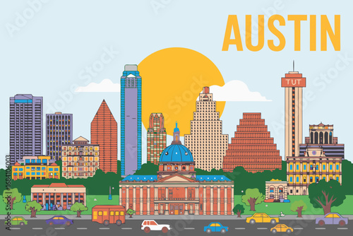 Dynamic vector skyline illustration of Austin, Texas, showcasing iconic city architecture and vibrant urban landscape under a bright sun, perfect for travel concepts