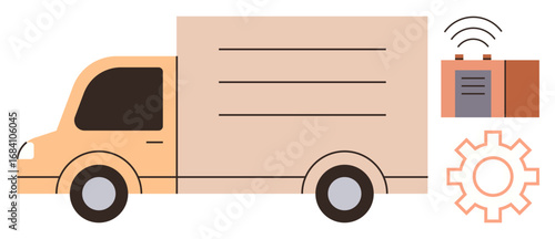 Truck in motion paired with tracking device emitting signal and gear element. Ideal for logistics, transport, shipping, technology, delivery service, supply chain, innovation. Simple flat metaphor