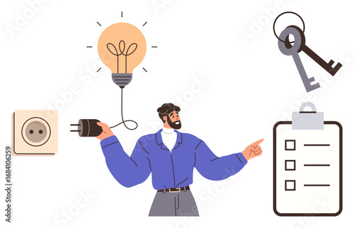 Man holding electrical plug connected to lightbulb symbolizes creativity and ideas, keys represent solutions, checklist signifies organization. Ideal for problem-solving, innovation, planning