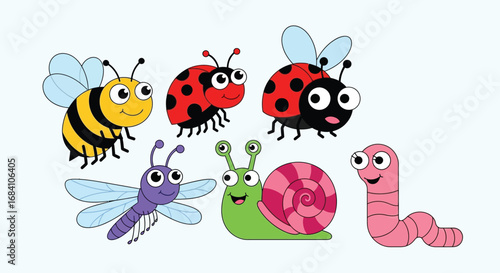Cartoon Bugs: Bees, Ladybugs, Dragonfly, Snail, and Worm