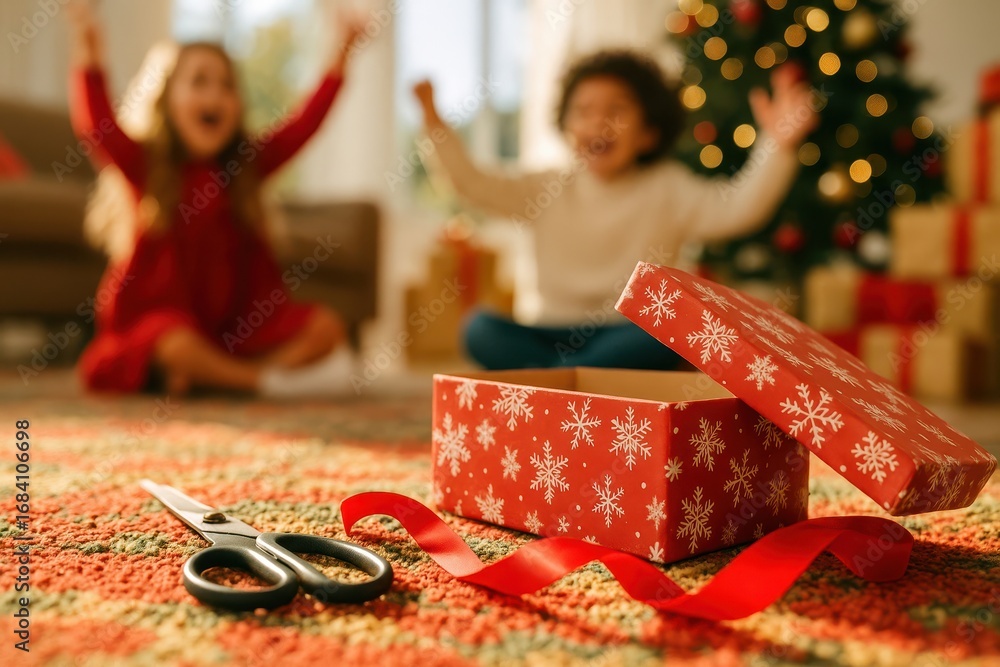 Fototapeta premium Two joyful children in festive attire cheer with raised arms near a gift box, red ribbon, and scissors on a patterned rug.