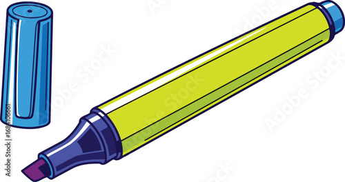 bright yellow highlighter pen with blue cap, detailed illustration