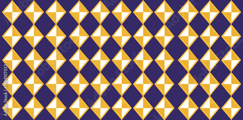 Elegant geometric pattern with shimmering gold diamonds and deep purple squares, perfect for luxury designs.