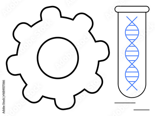 Gear beside test tube with DNA strand highlights intersection of technology and biology. Ideal for biotech, innovation, research, bioengineering, genetics, healthcare, science. Simple flat metaphor