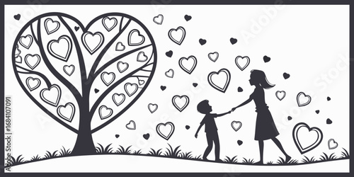 Mother and child sharing a loving moment near a heart tree, surrounded by floating hearts, symbolizing affection and connection.