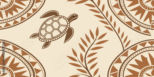 Elegant Polynesian tribal turtle and leaf pattern with warm earth tones evokes serenity and coastal vibes