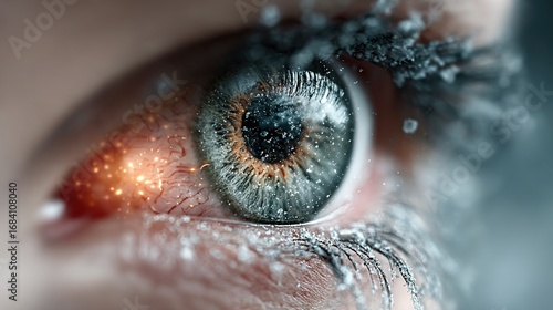 Close-up of a human eye with artistic rendering and cool color palette.