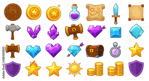 Set of stylized icons including coins, diamonds, hearts, swords, treasure chests, and stars for mobile or online games.