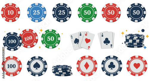Collection of poker chips in multiple colors and values, designed for casino, gambling, and card games.