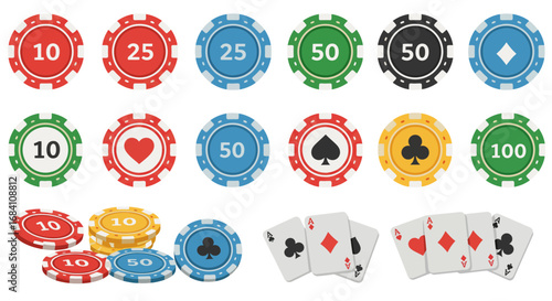 Collection of poker chips in multiple colors and values, designed for casino, gambling, and card games.