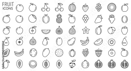 Collection of outlined fruit icons, including citrus, berries, tropical, and stone fruits, arranged in rows.