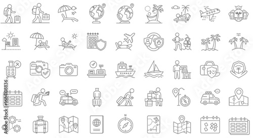 Line art icons depicting travel and vacation themes, including backpacking, beaches, globes, airplanes, hotels, ships, maps, passports, and other related symbols.