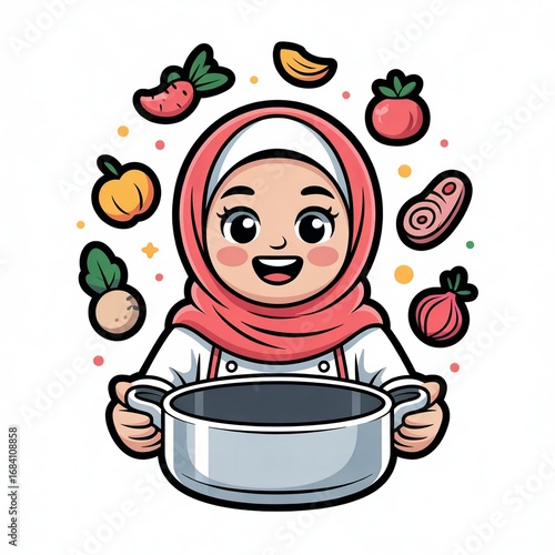 Cute Chef Girl Hijab holding a pan with Cartoon style. People Food Icon Concept with flat Cartoon Style