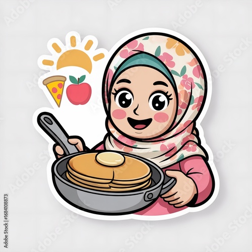Cute Chef Girl Hijab holding a pan with Cartoon style. People Food Icon Concept with flat Cartoon Style