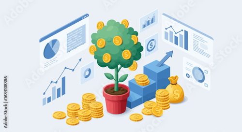 Growing financial success: money tree, charts, and rising profits visualized.