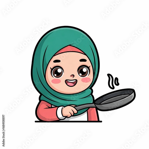 Cute Chef Girl Hijab holding a pan with Cartoon style. People Food Icon Concept with flat Cartoon Style
