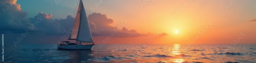 Fototapeta premium Gentle sailboat sailing across serene ocean at dusk, serenity, peaceful, waves