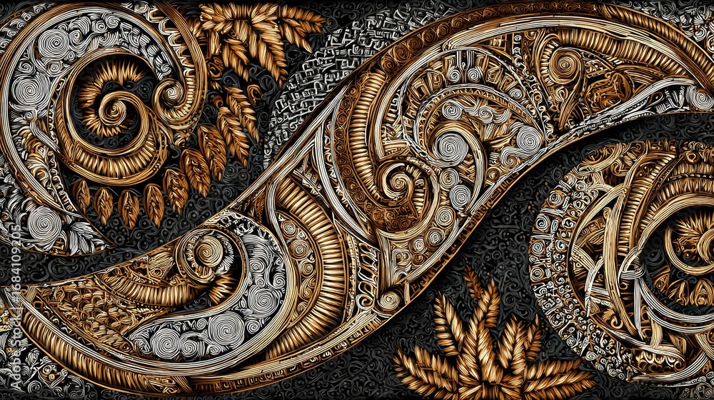 Fototapeta premium Ornate, gold and silver swirling design on dark background. Intricate, textured patterns of spirals, leaves, and abstract forms