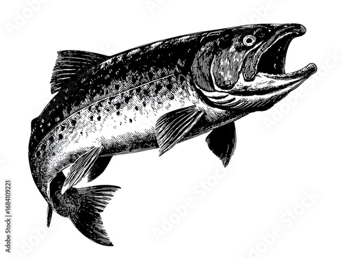 A detailed black and white illustration of a leaping salmon with its mouth open wide for design.